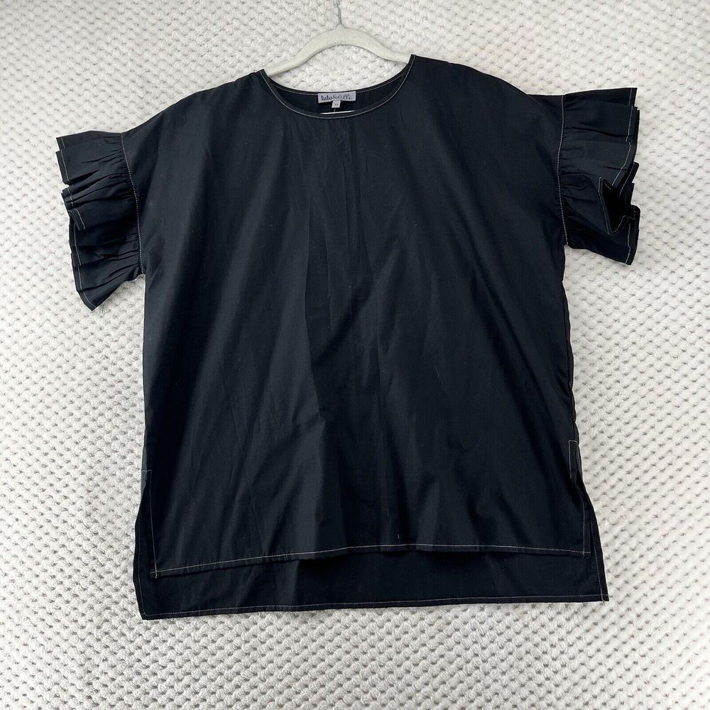 Tutu & Lilli Ruffle‎ Sleeve Top Black Cotton Blend Blouse Boxy Oversized NWTXS